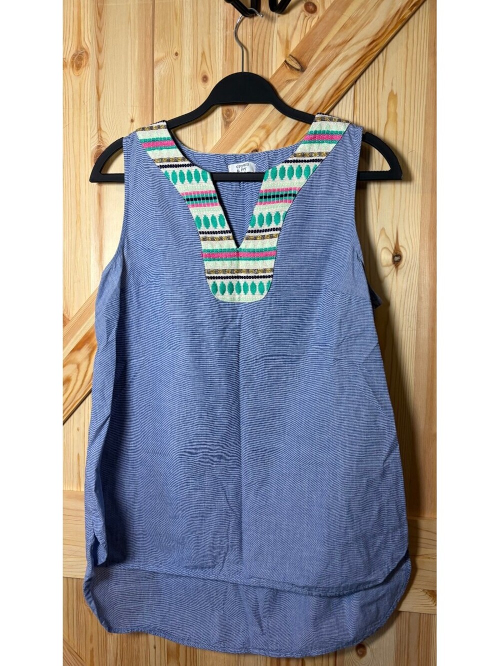 Crown & Ivy Blue Sleeveless Top with Embroidered Neckline, Size M